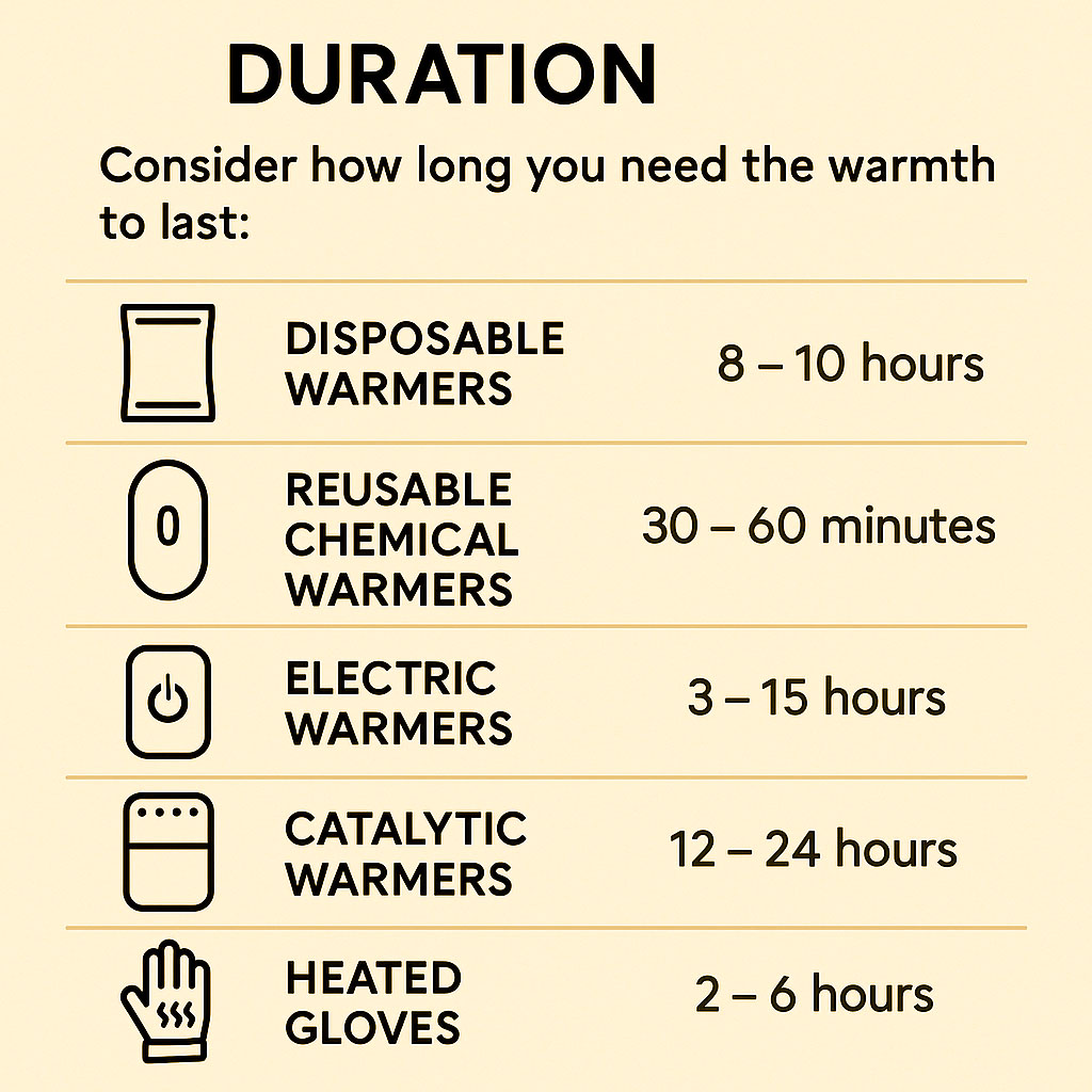 An infographic showing the typical durations of the different types of hand warmers