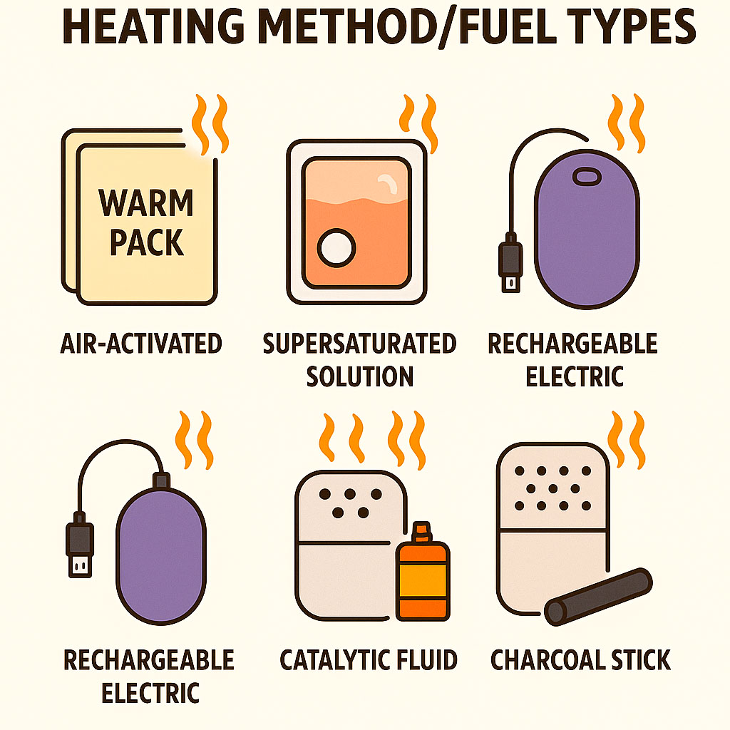 The various heating methods and fuel types used by hand warmers