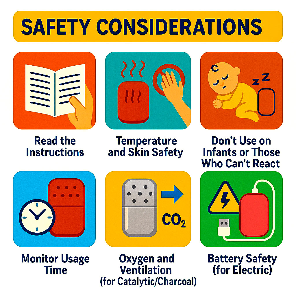 An infographic showing the sfatey considerations you need to be aware of when using hand warmers