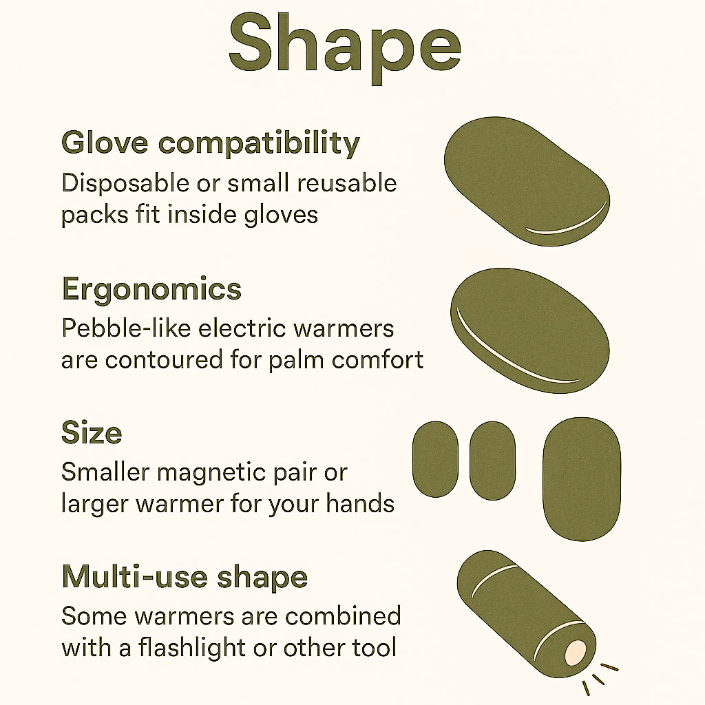 An infographic showing the shape considerations when choosing a hand warmer
