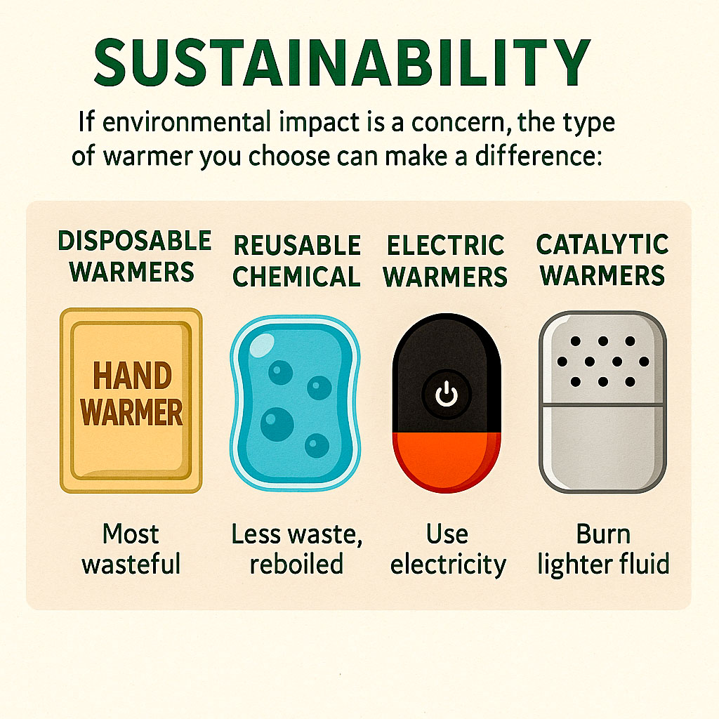 An infographic showing the sustainability impact of the various types of hand warmers