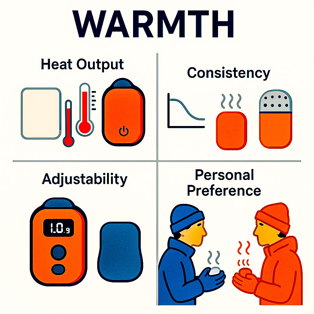 An infographic showing what you need to consider in terms of warmth with hand warmers