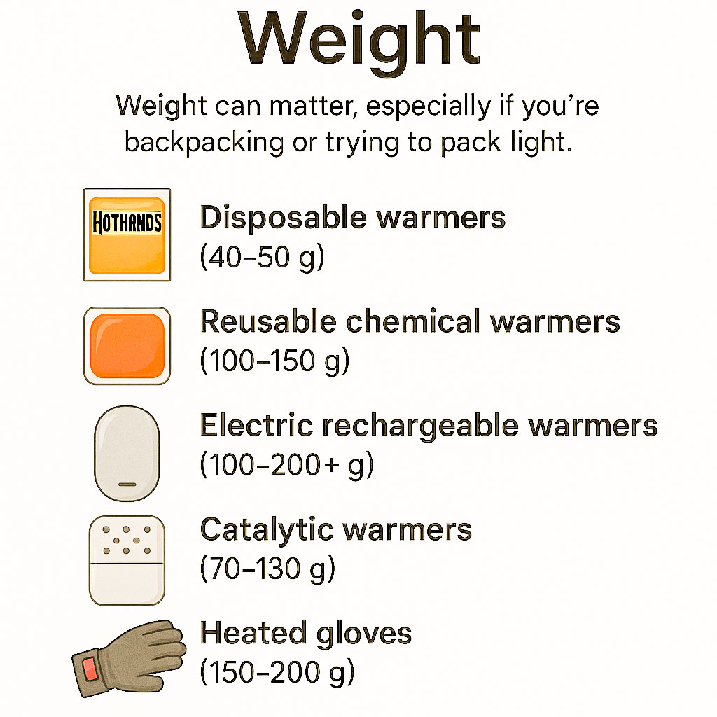 An infographic showing the typical weights of the various types of hand warmers