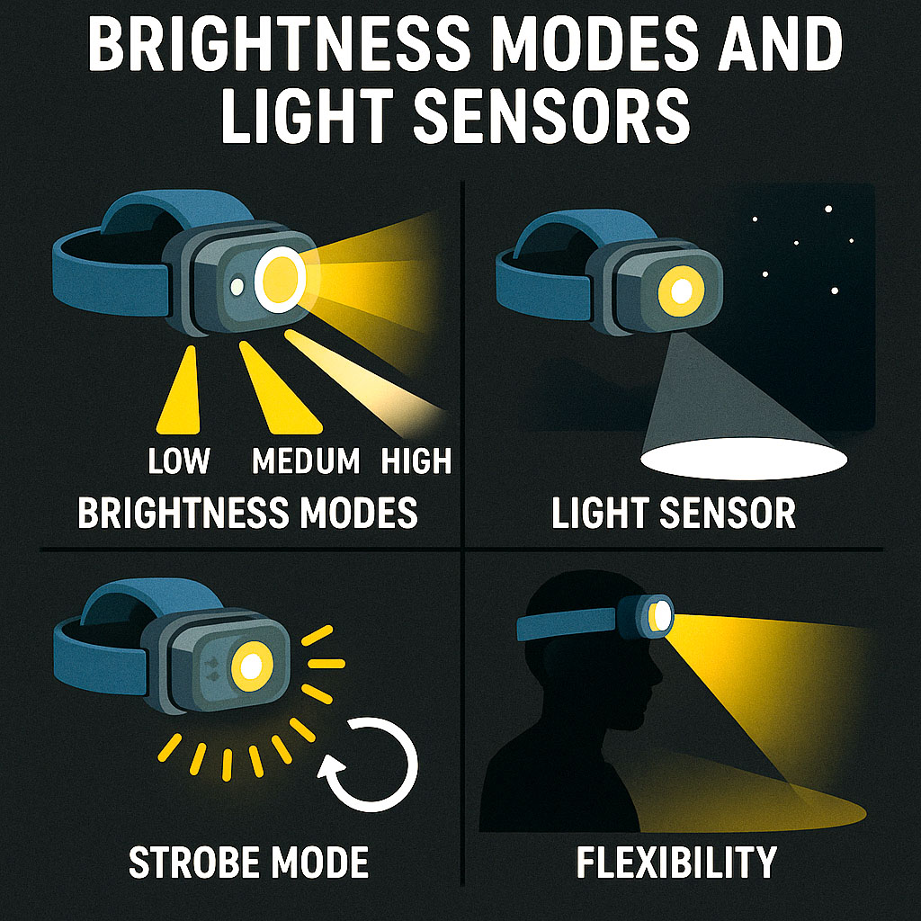 An infographic showing the brightness modes and light sensors available on head torches