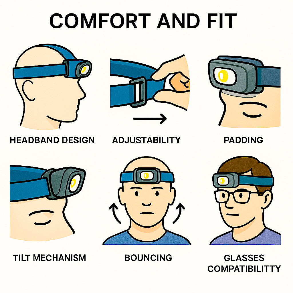 An infographic showing the main factors that contribute to comfort and fit while wearing a head torch