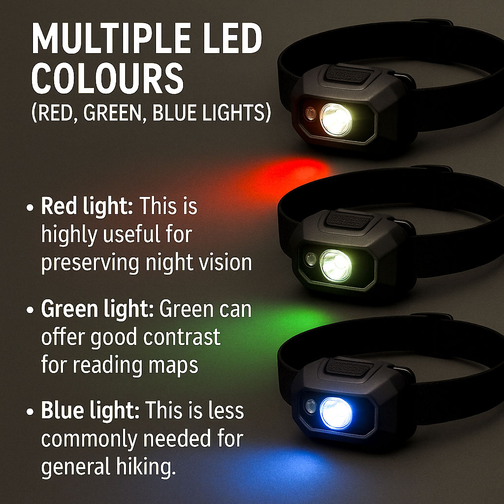 An infographic showing the light colours available and their uses, when using a head torch