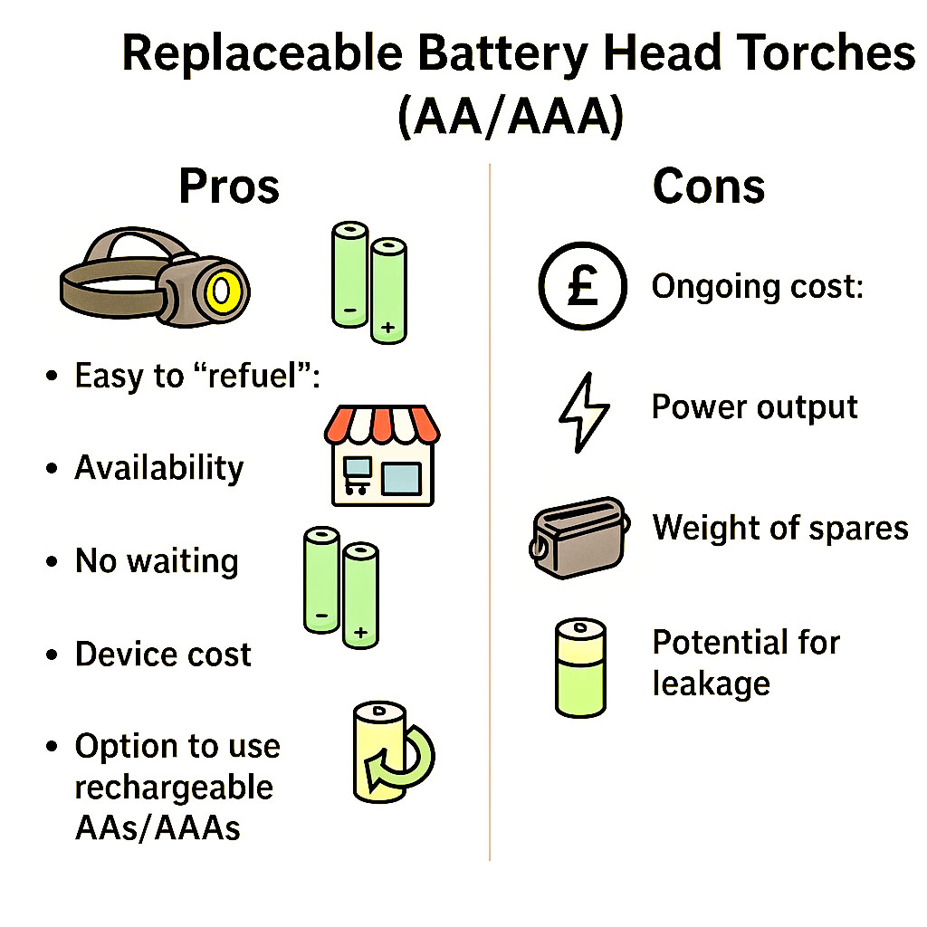 An infographic showing the pros and cons of replaceable battery head torches