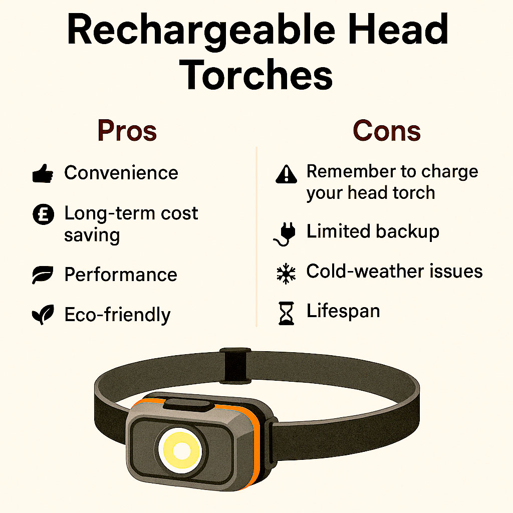 An infographic showing the pros and cons of rechargeable head torches