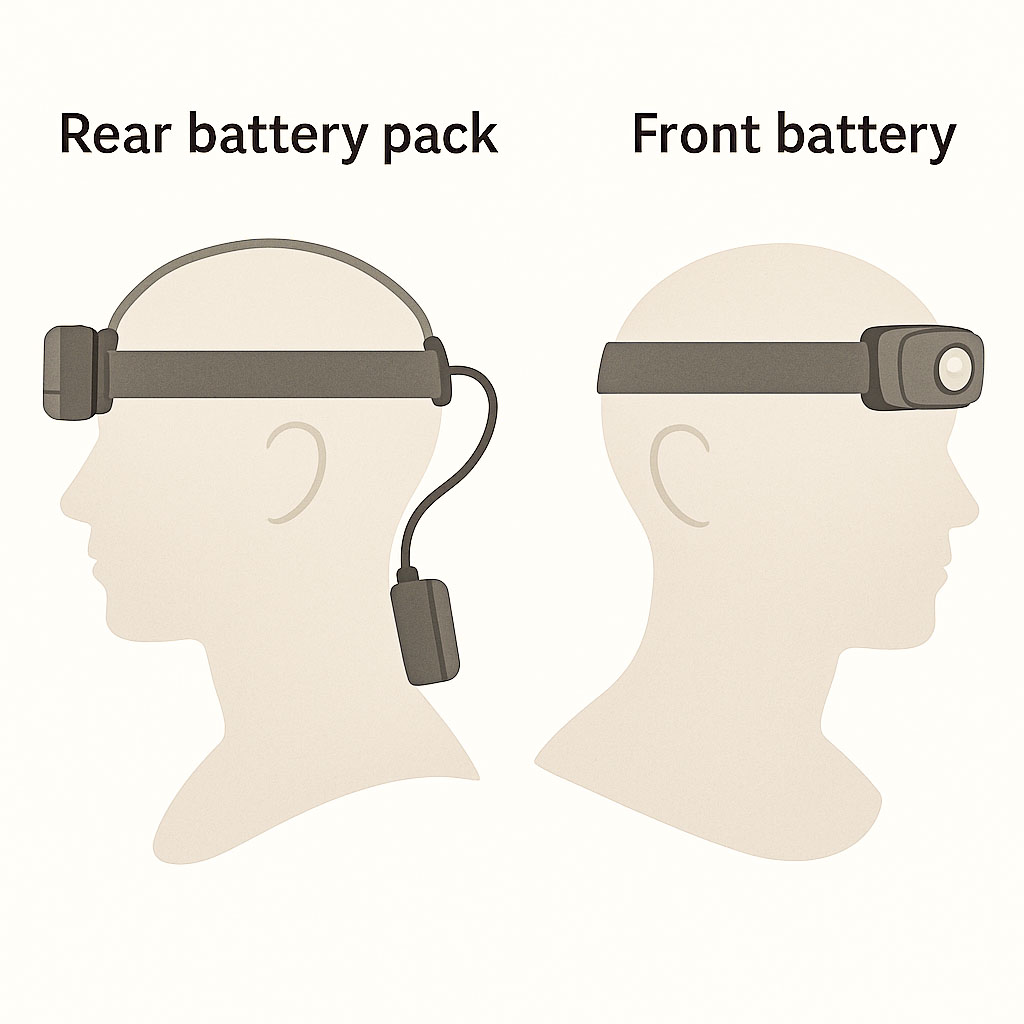An image showing the head of a person wearing a head torch with a rear battery pack and another with a front battery pack