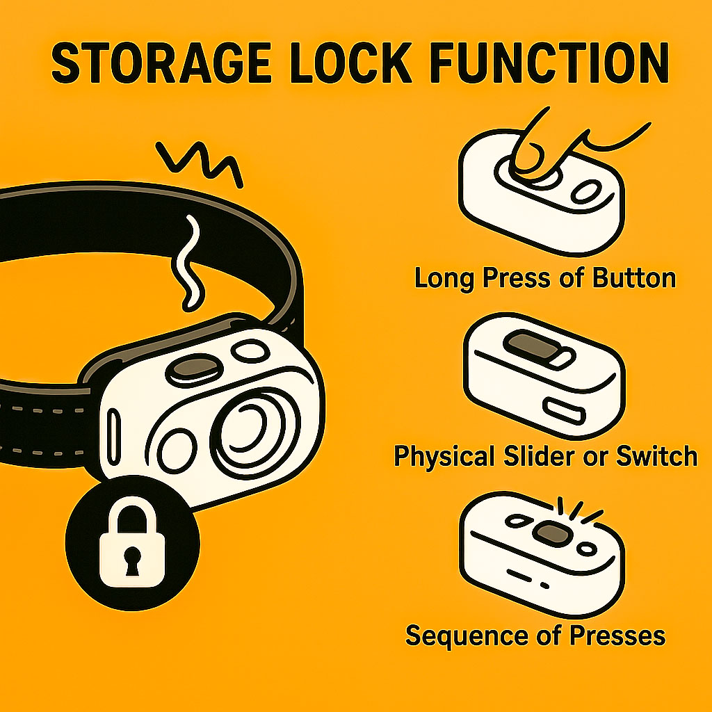 An image showing the three main different ways of activating the storage lock function, which is included on many head torches