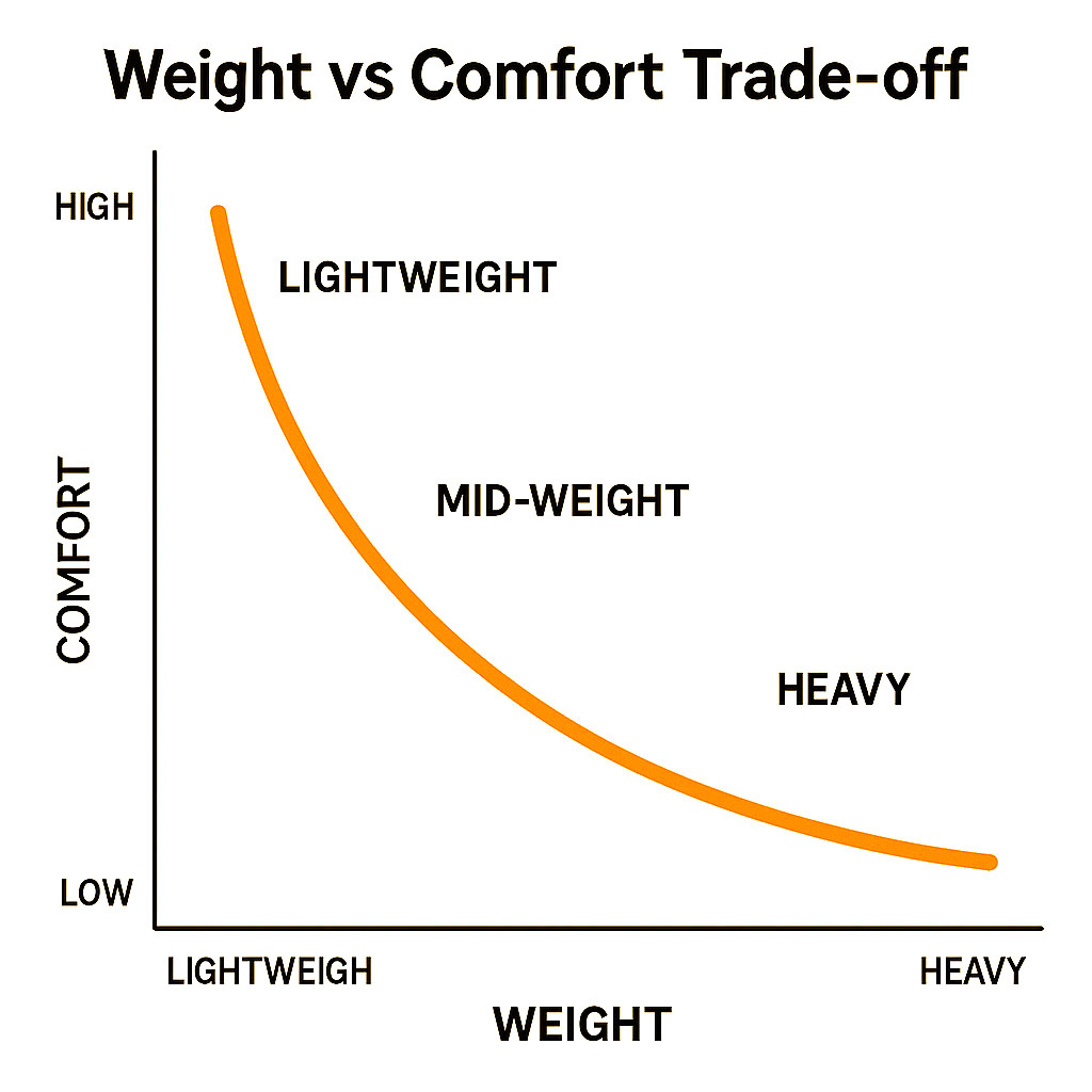A graph showing the weight versus comfort trade off involved when buying and using a head torch