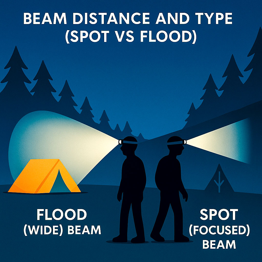 An image showing a wide flood beam and a spot narrower beam, which reaches further coming from two people wearing head torches