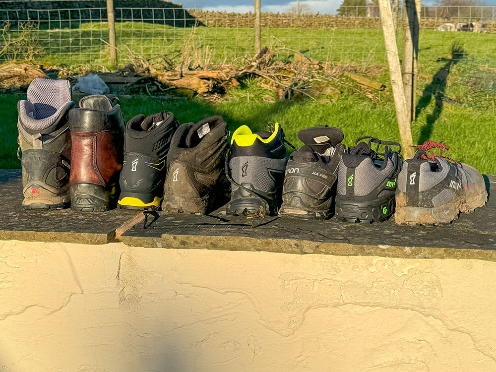 Varying levels of ankle support across eight pairs of hiking boots, hiking shoes, trail shoes and fell shoes