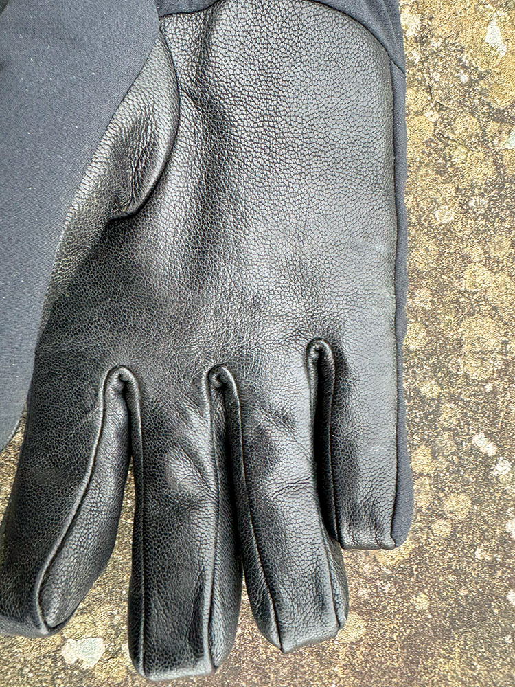 Leather palm and fingers on a hiking glove