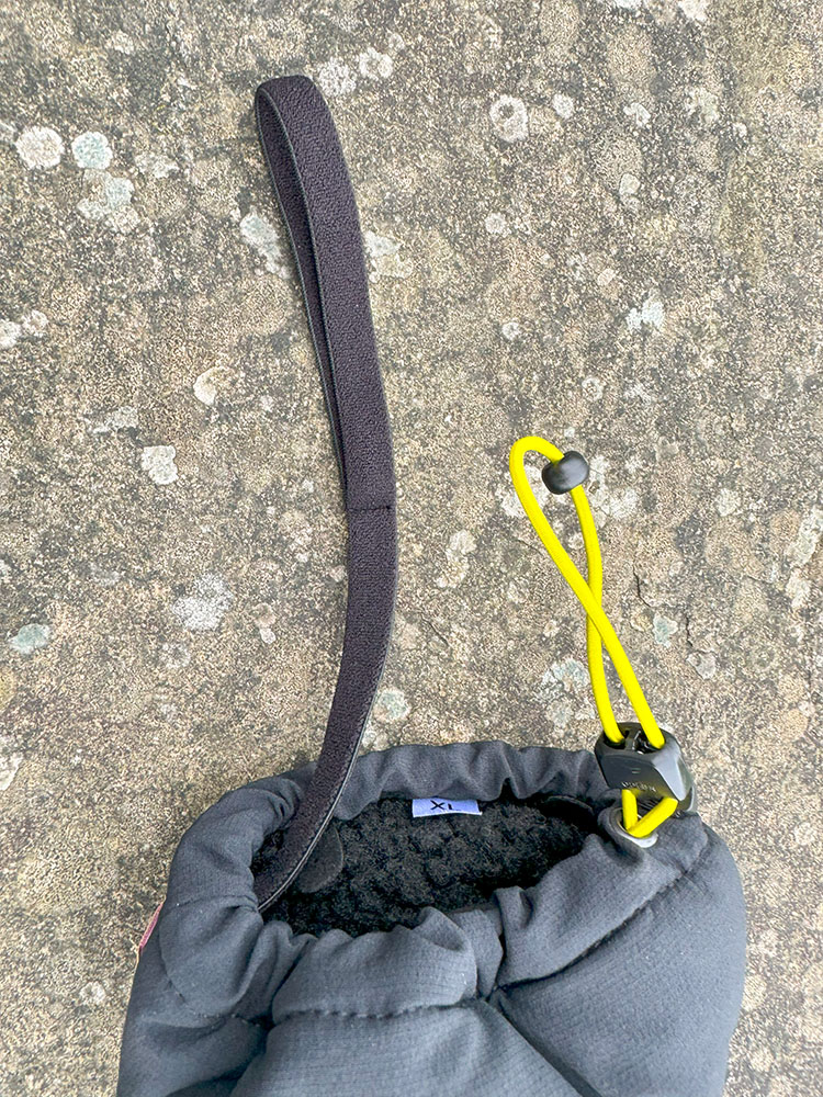 Wrist leash on a hiking glove