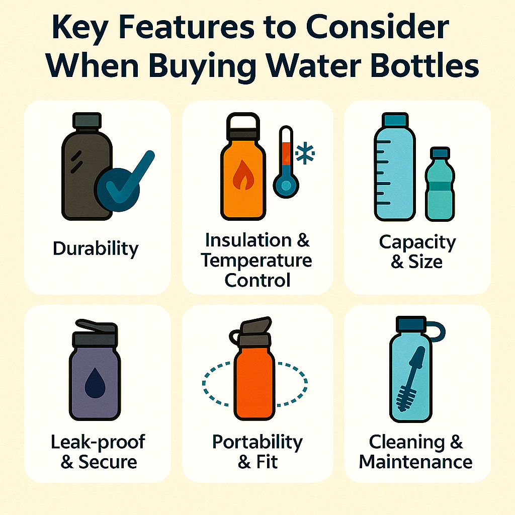 An image depicting the key features to consider when buying water bottles