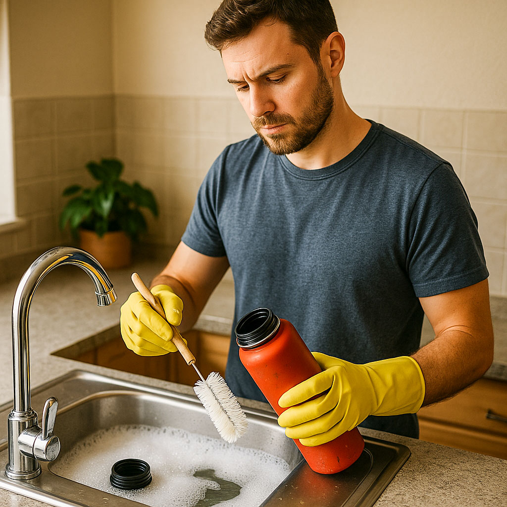 An image showing a man stood at a sink full of hot soapy water, bottle cleaning brush in hand, just about to clean his water bottle