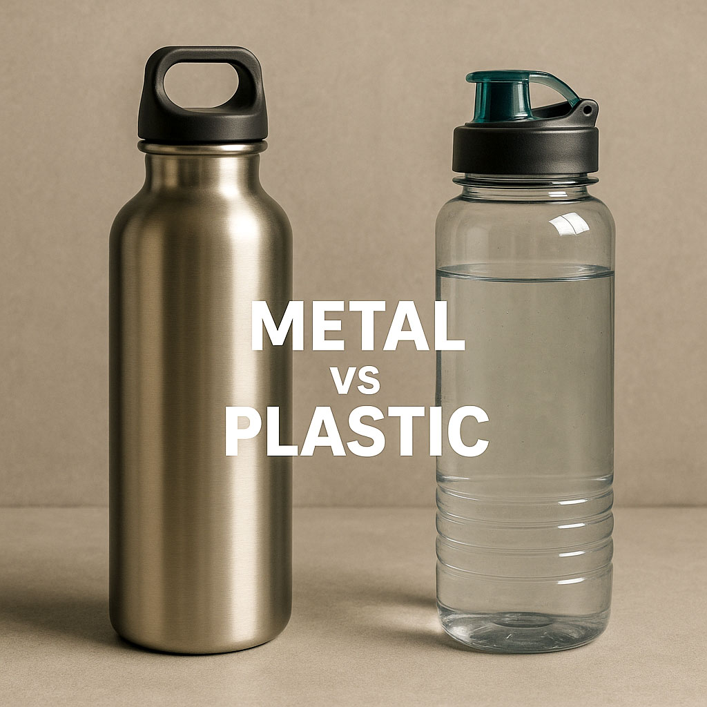 An image showing a metal water bottle and a plastic one