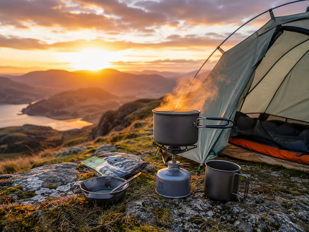 Lightweight camping stove boiling water beside a tent at sunrise in the UK hills, showing compact cooking gear for walkers and campers.