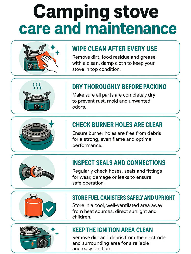 Infographic showing camping stove care steps, including wiping clean, drying before packing, checking burner holes, seals and fuel storage.