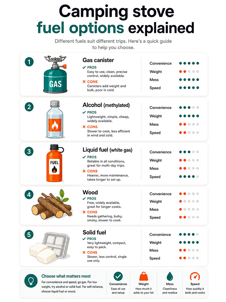 Infographic comparing camping stove fuel options, including gas canisters, alcohol, liquid fuel, wood and solid fuel for walkers and campers.
