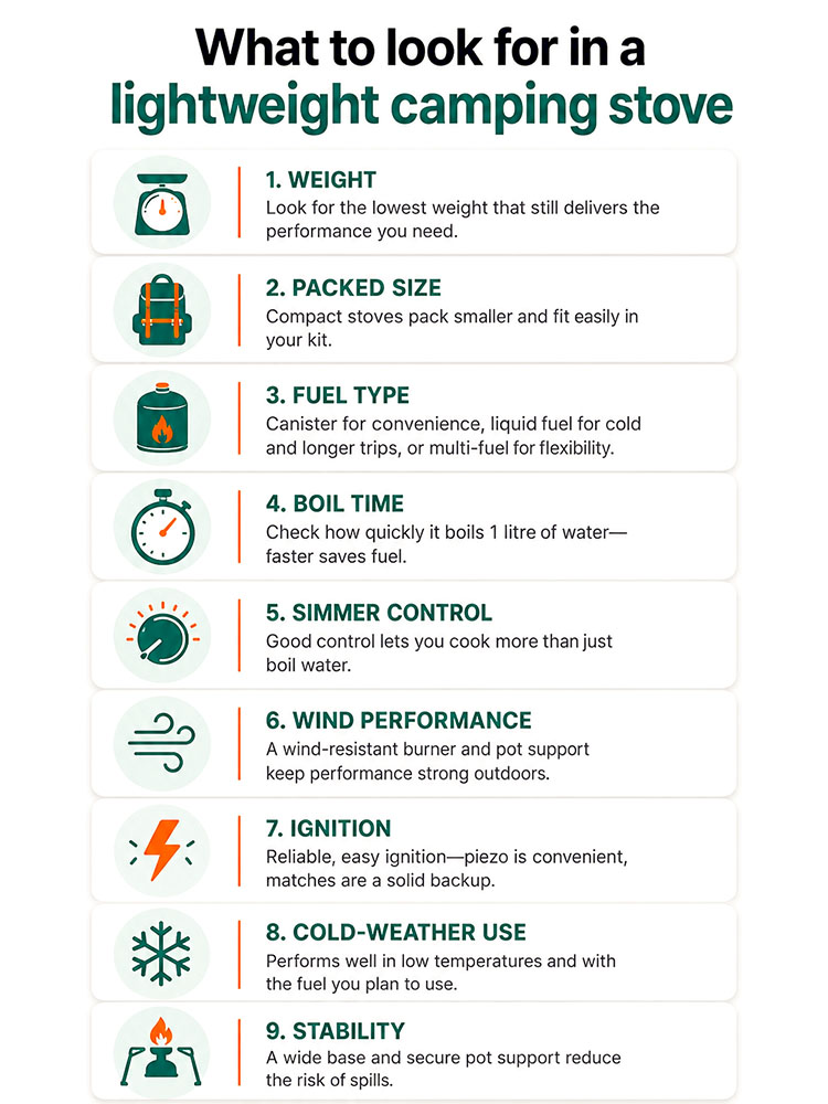 Infographic showing key lightweight camping stove buying factors, including weight, packed size, fuel type, boil time, ignition and stability.