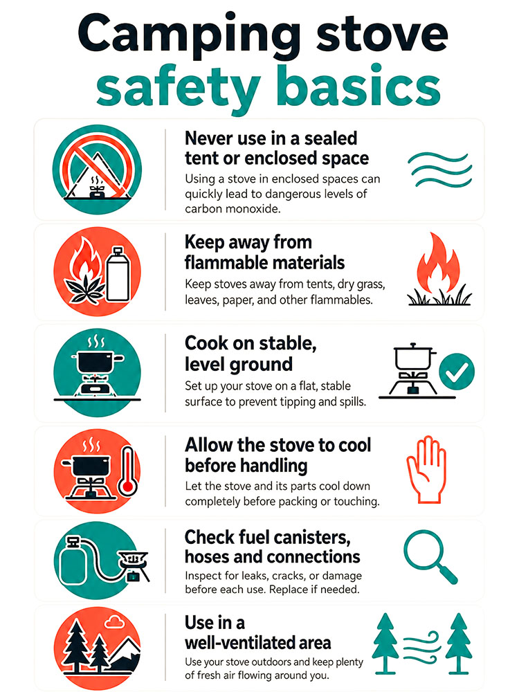 Infographic showing camping stove safety basics, including ventilation, stable ground, cooling time and checking fuel canisters and connections.