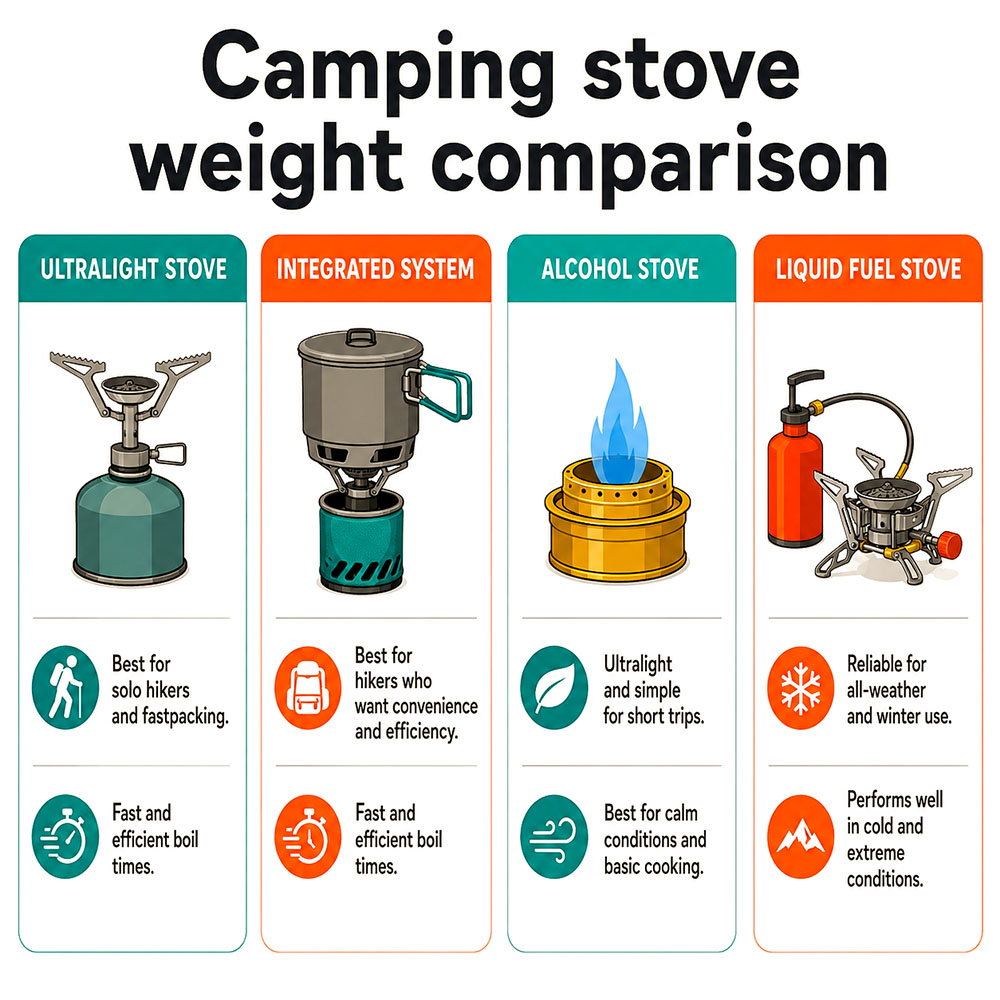 Infographic comparing lightweight camping stove types by use case, weight and performance, including ultralight, integrated, alcohol and liquid fuel stoves.