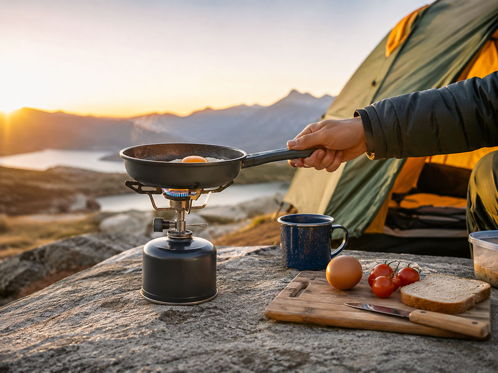 Lightweight camping stove cooking breakfast beside a tent with mugs and outdoor cooking gear in a practical campsite setup.