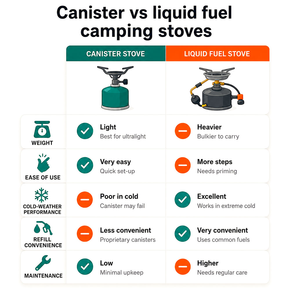 Infographic comparing canister and liquid fuel camping stoves for weight, ease of use, cold-weather performance, refilling and maintenance.