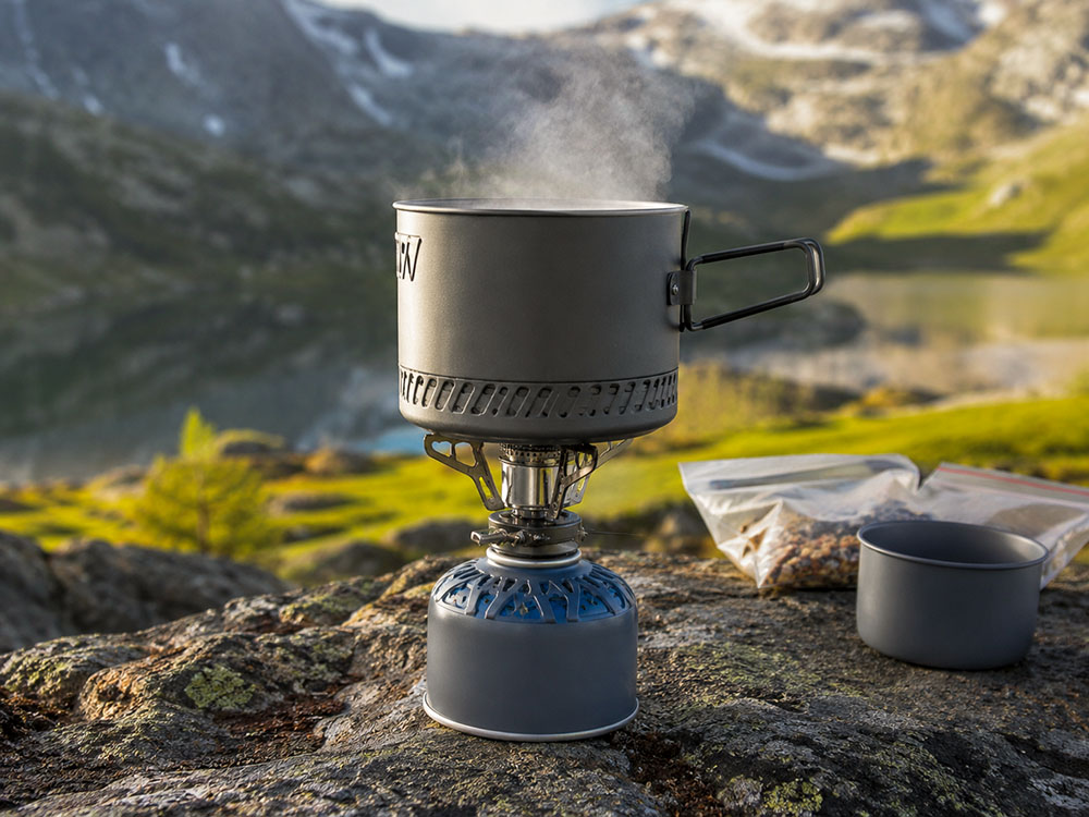 Integrated lightweight camping stove system heating a pot outdoors, with steam rising from the cookset in a mountain setting.