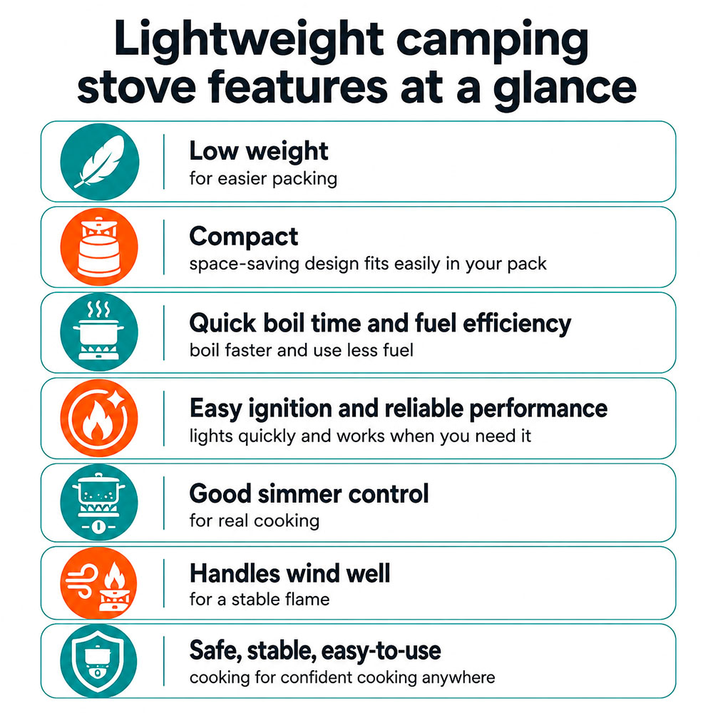 Infographic summary of key lightweight camping stove features, including low weight, compact size, boil time, ignition, simmer control and stability.