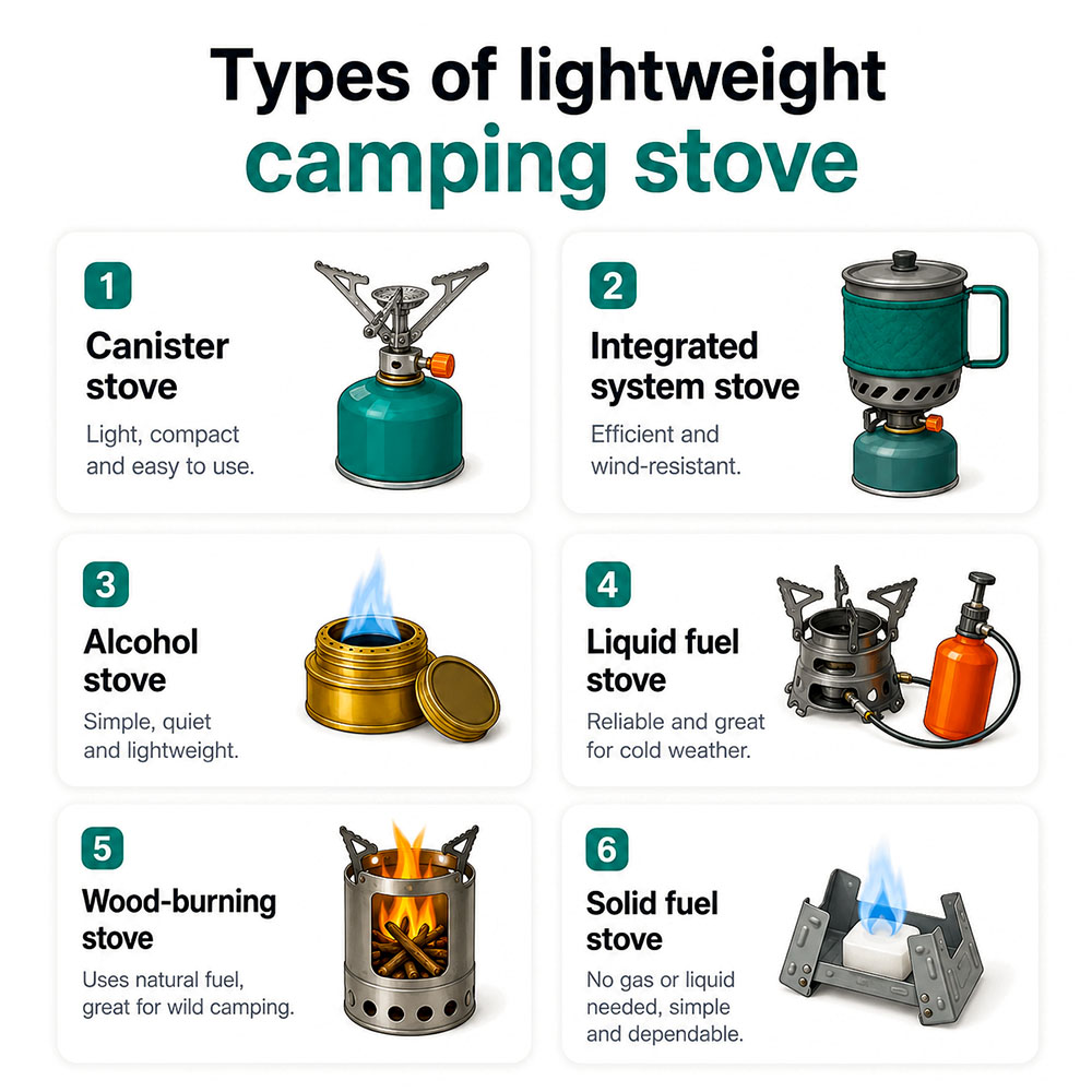 Infographic explaining the main types of lightweight camping stove, including canister, integrated, alcohol, liquid fuel, wood and solid fuel stoves.