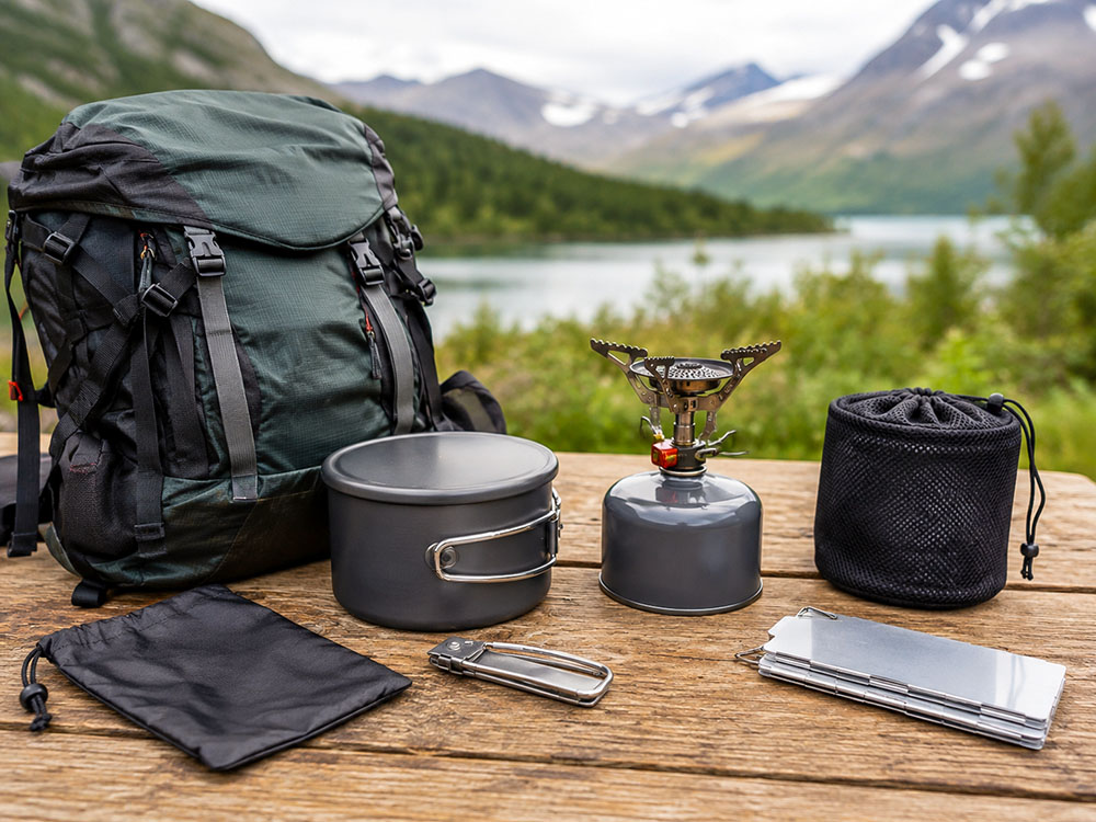 Compact camping stove, gas canister, cook pot and hiking gear laid out beside a rucksack to show pack size for camping trips.