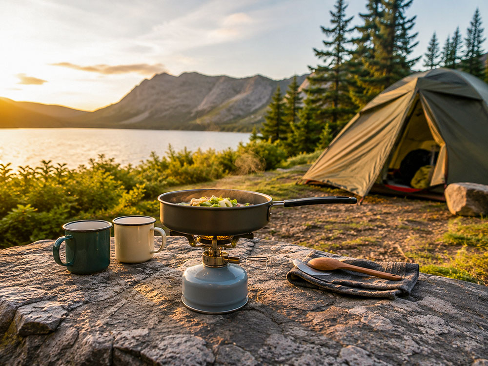 Two-person lightweight camping stove setup with pot, mugs and food outside a tent by a lake, suitable for walkers and campers.