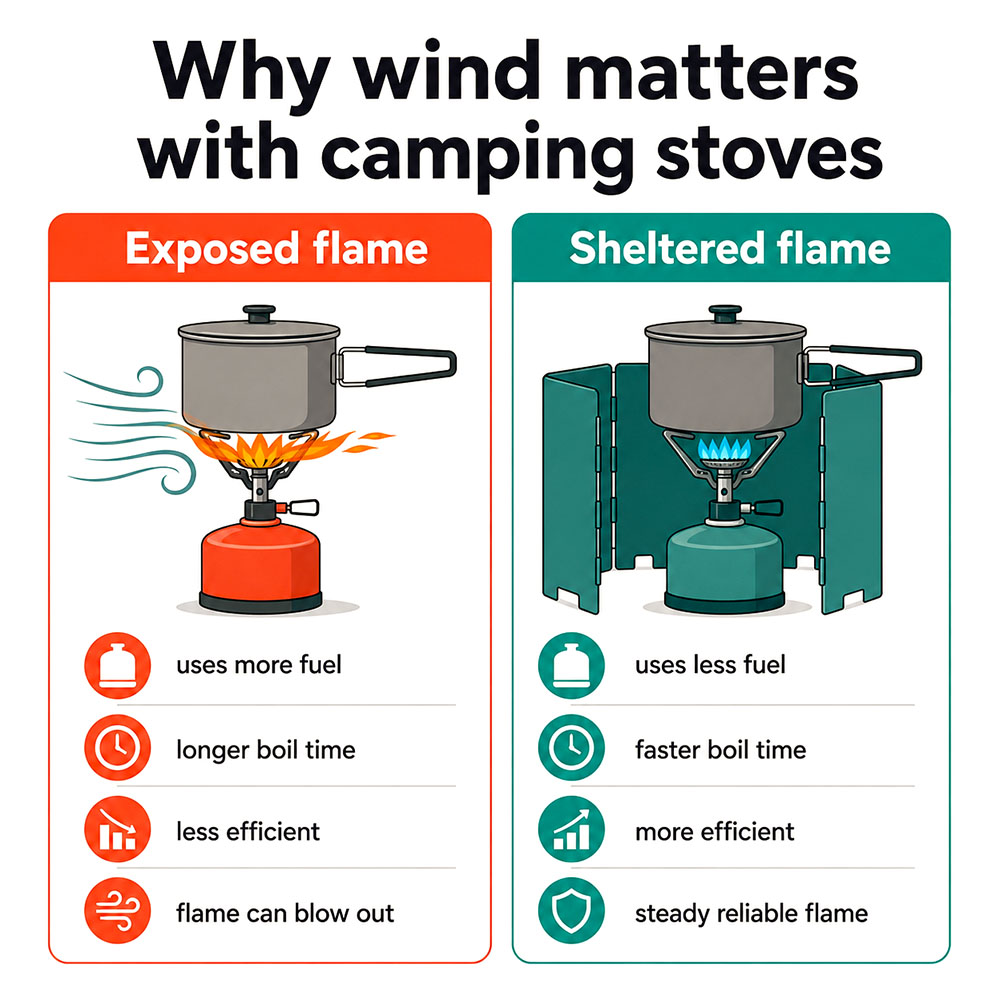 Infographic explaining how wind affects camping stove fuel use, boil time, efficiency and flame stability, with exposed and sheltered flames.