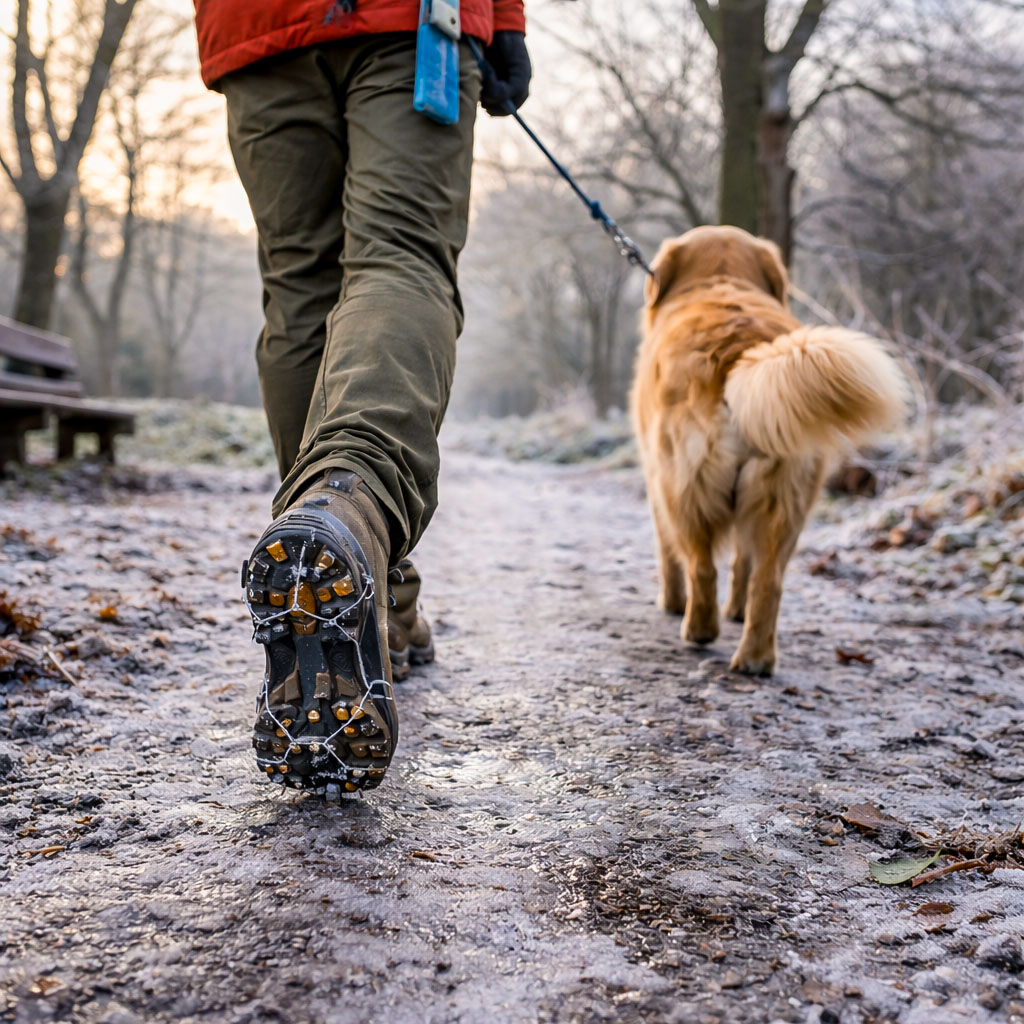 A dog walker using shoe traction devices on a frosty park path in winter