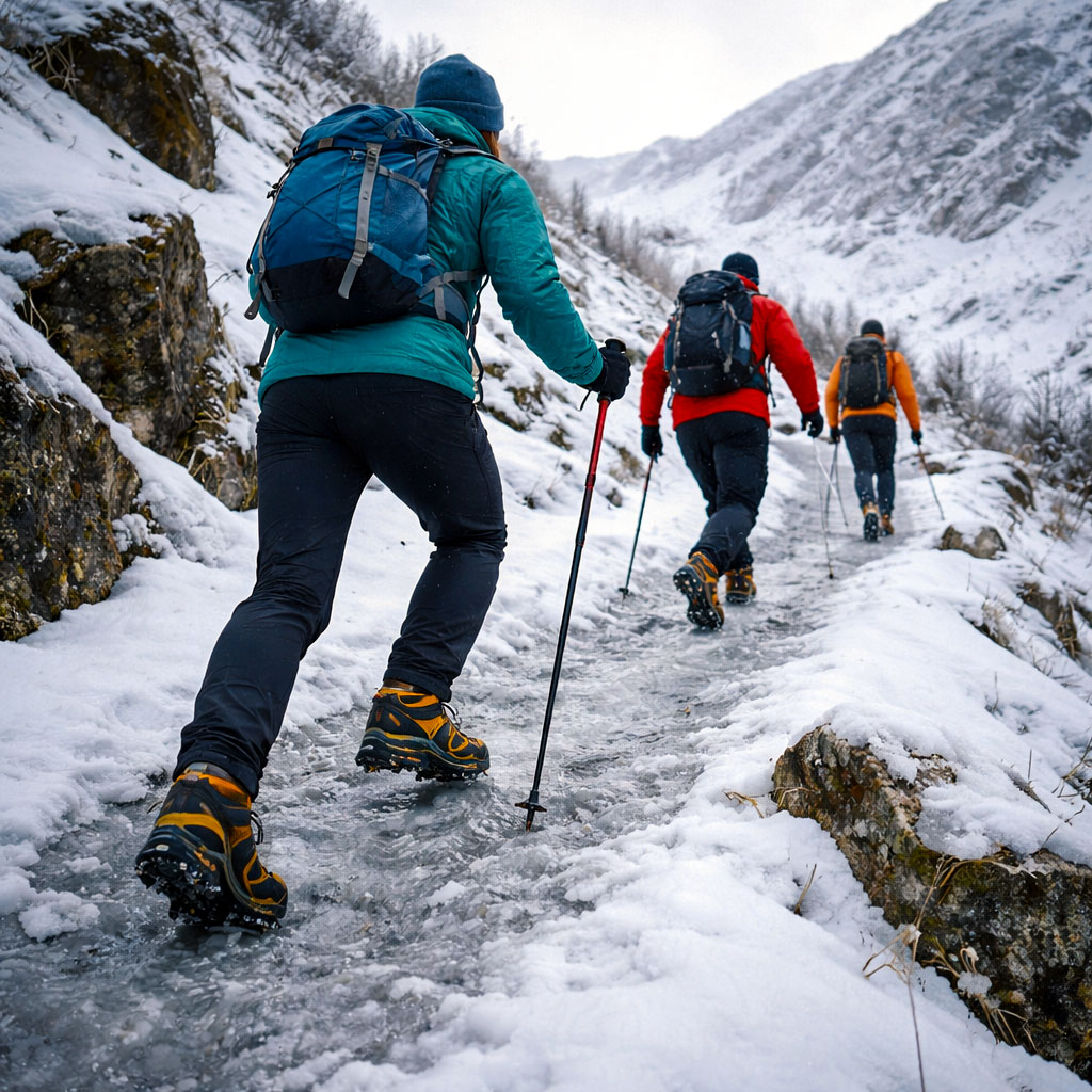 A group of hikers walking up an icy path up a hill all wearing microspikes