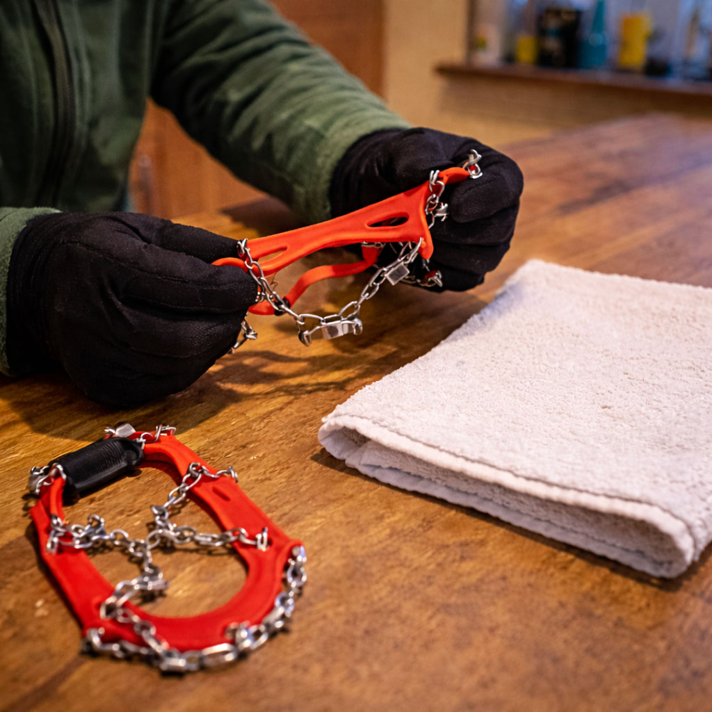 A person checking microspikes for wear and damage on a kitchen table