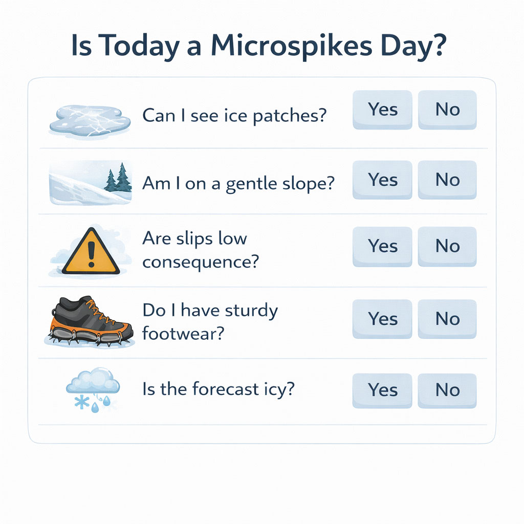 Checklist infographic helping decide when microspikes are appropriate to use
