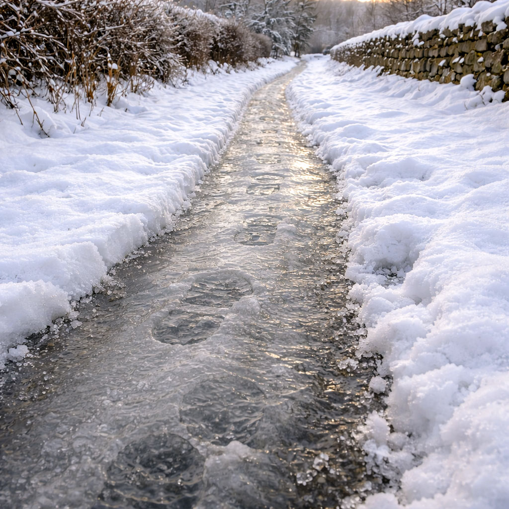 Compacted snow and ice have formed a slippery trench on a winter footpath