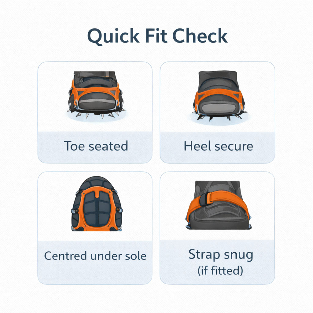 Infographic showing correct fitting points for microspikes on footwear