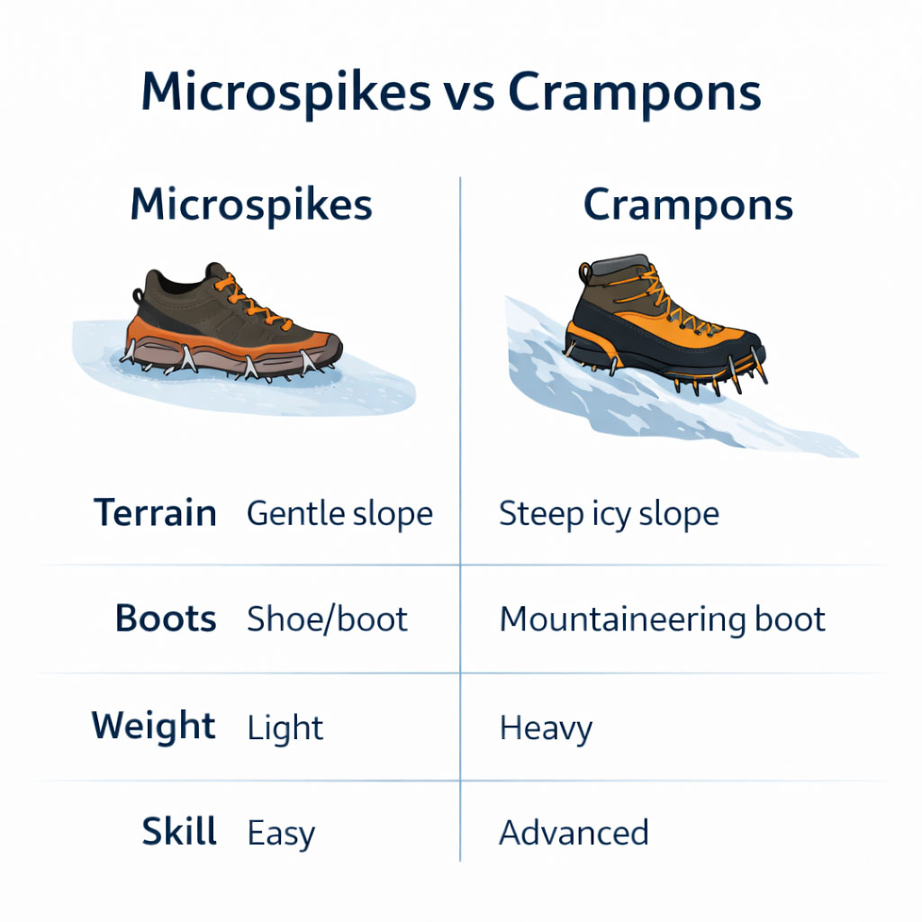 Comparison infographic showing differences between microspikes and crampons