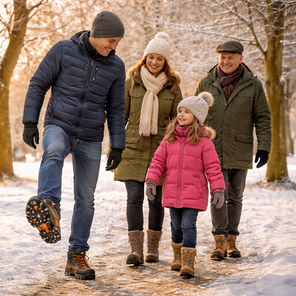 Family walking in a winter park with traction devices visible underfoot