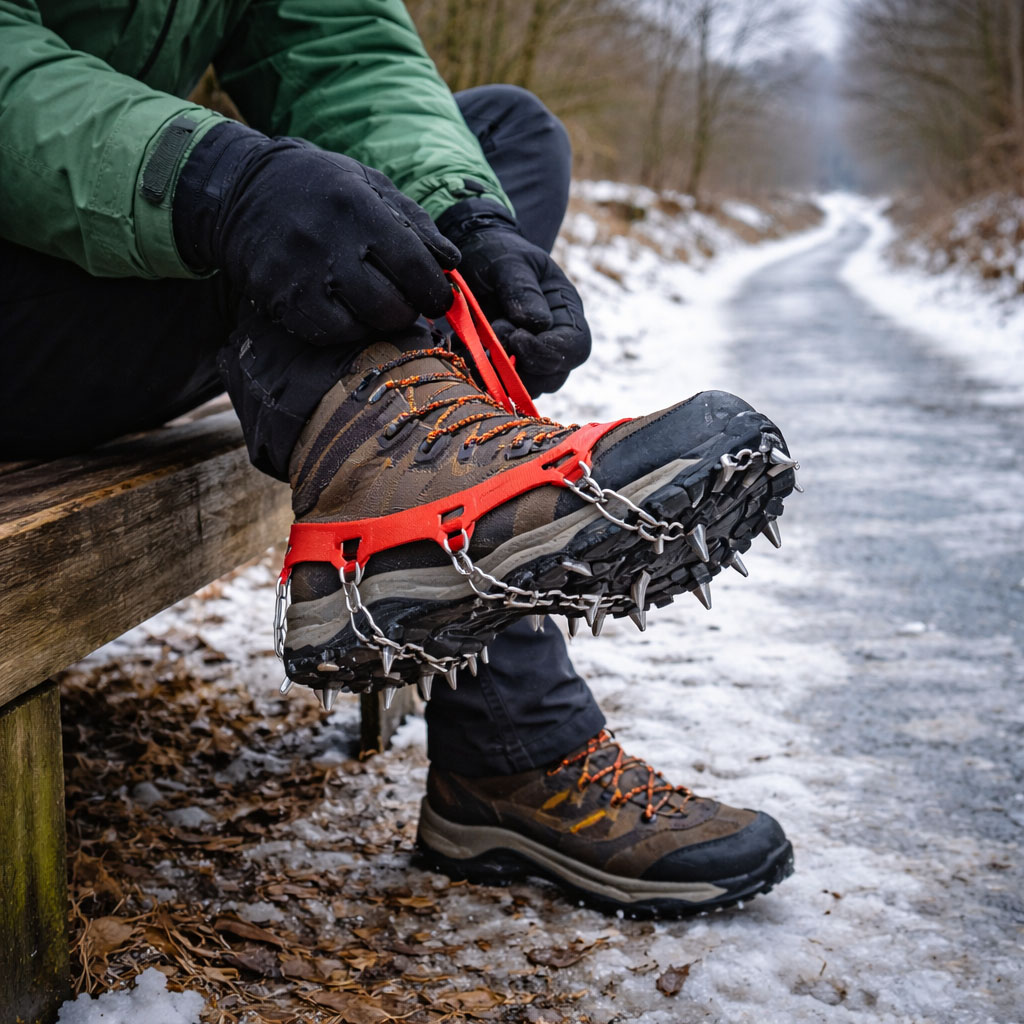 A walker fitting microspikes to boots before reaching an icy footpath