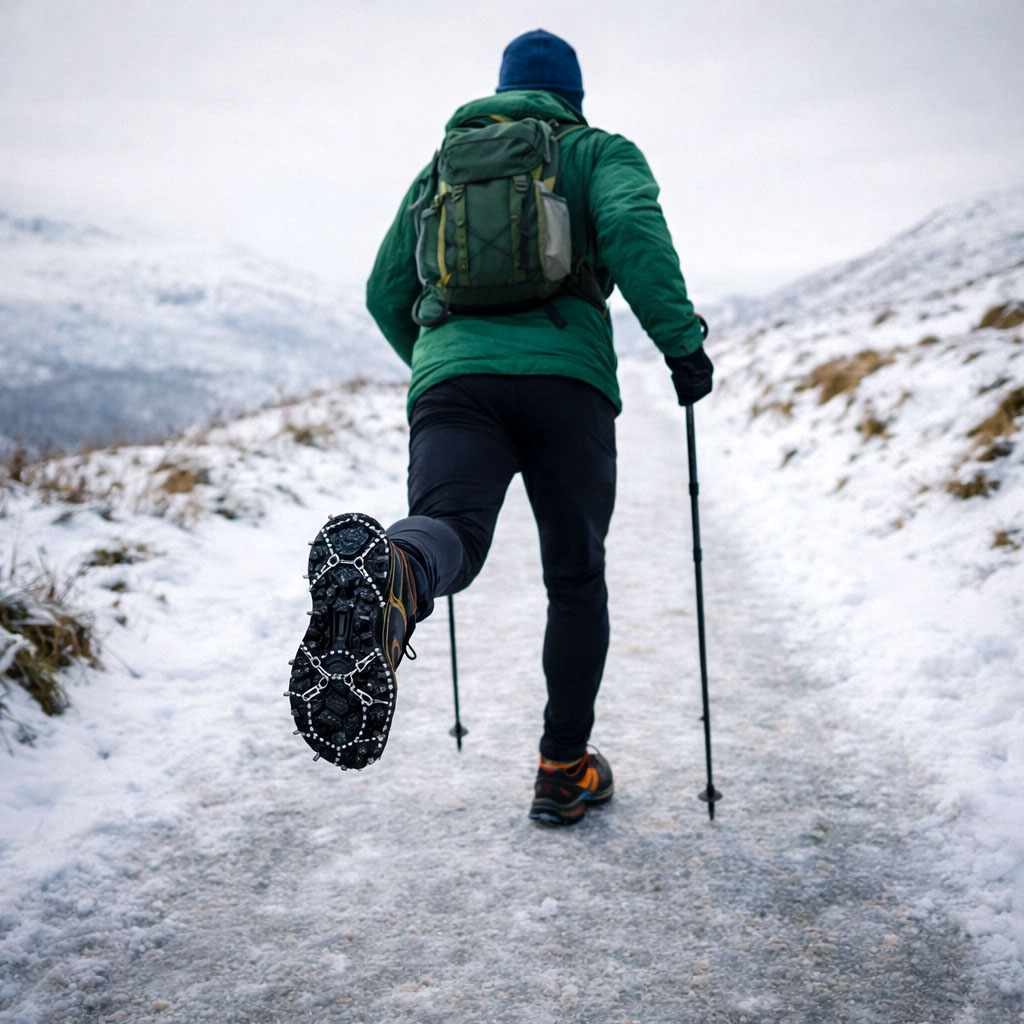 Hill walker using microspikes on a compacted snowy path with trekking poles