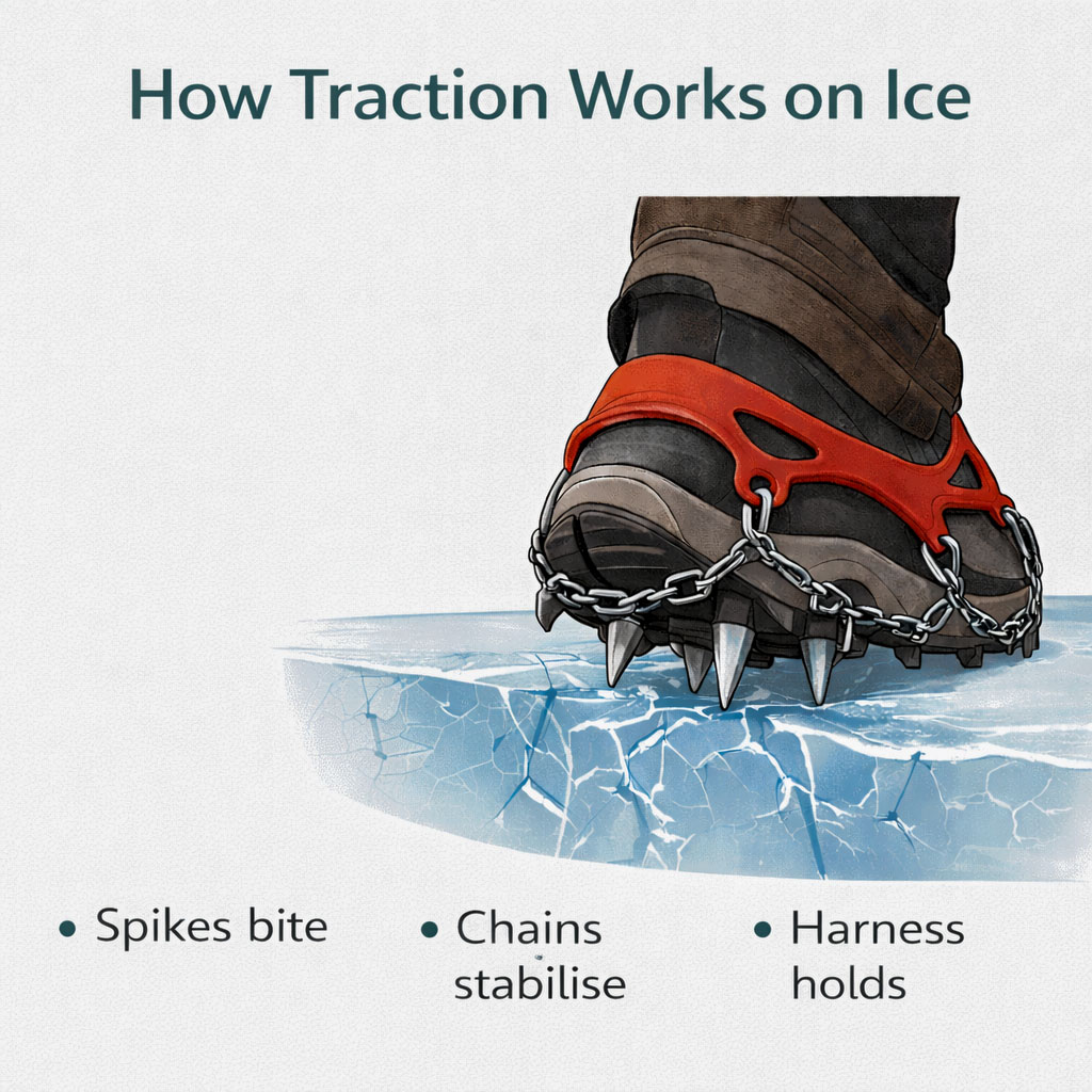 Diagram showing how spikes and chains grip into ice under a boot