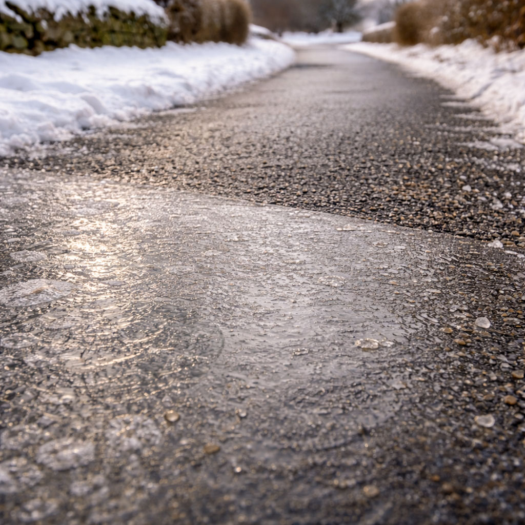 Ground-level view showing icy pavement transitioning to bare tarmac