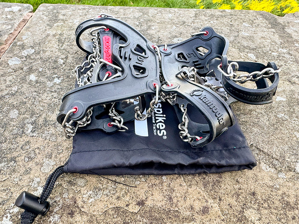 Kahtoola Microspikes rolled up ready to put in their tote sack