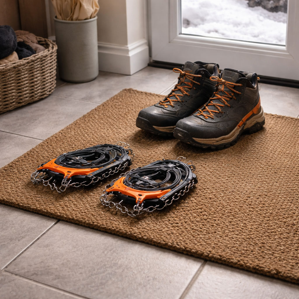 Microspikes placed on a doormat beside boots inside an entryway